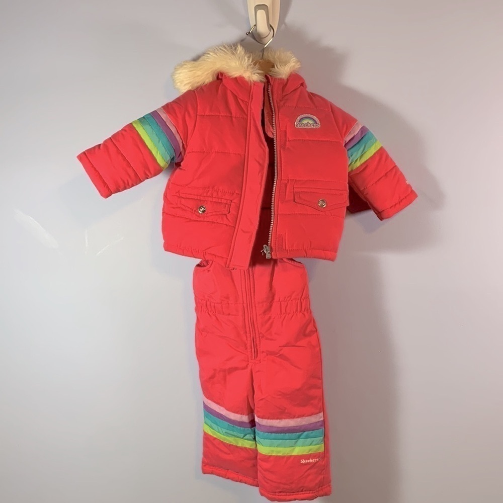Sketchers toddler size 12 months pink retro rainbow full snowsuit bibs coat